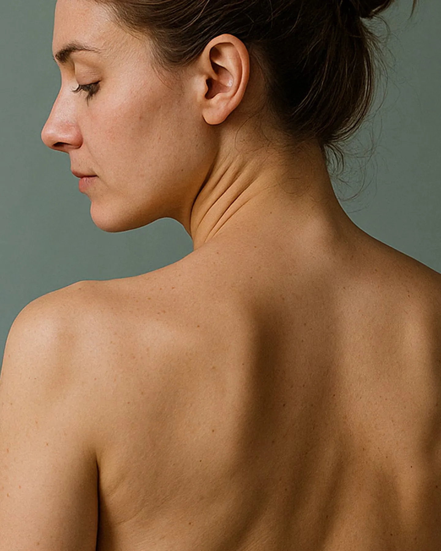 Rückansicht einer jungen Frau mit hochgesteckten braunen Haaren, die ihren nackten Rücken zeigt, vor einem schlichten, graugrünen Hintergrund. Sie schaut über ihre linke Schulter nach unten.